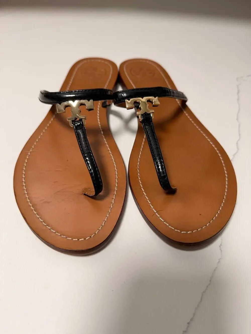 Tory Burch Black Leather Logo Thong Sandals Gold Double T Women’s 8.5